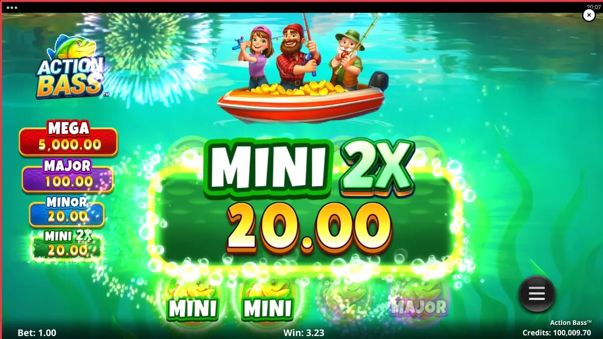 Pemandangan danau yang tenang dengan peralatan memancing di slot Action Bass