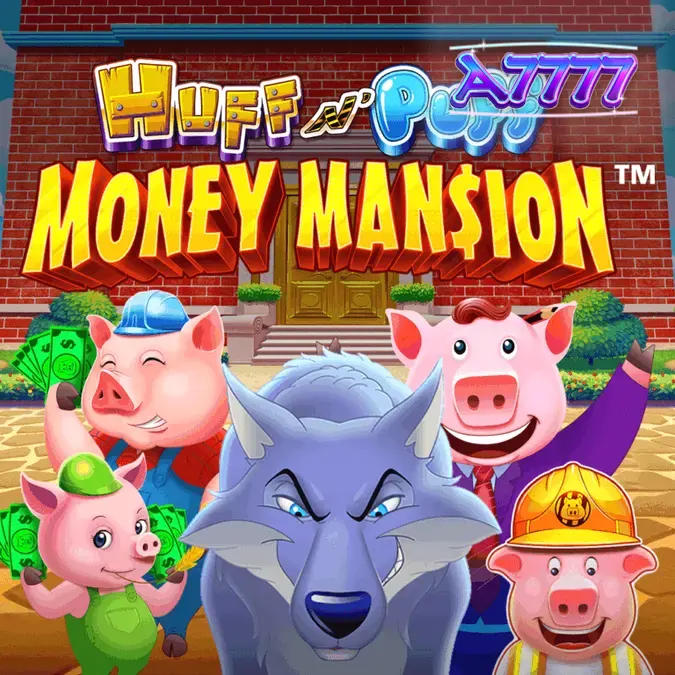 Tampilan visual slot Huff N Puff Money Mansion dengan tema konstruksi babi.